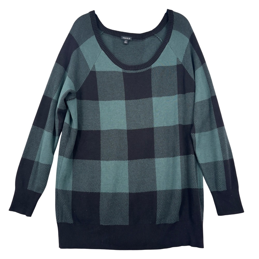 Torrid Buffalo Plaid Pullover Sweater Size 2X Green Black Cotton Knit Raglan